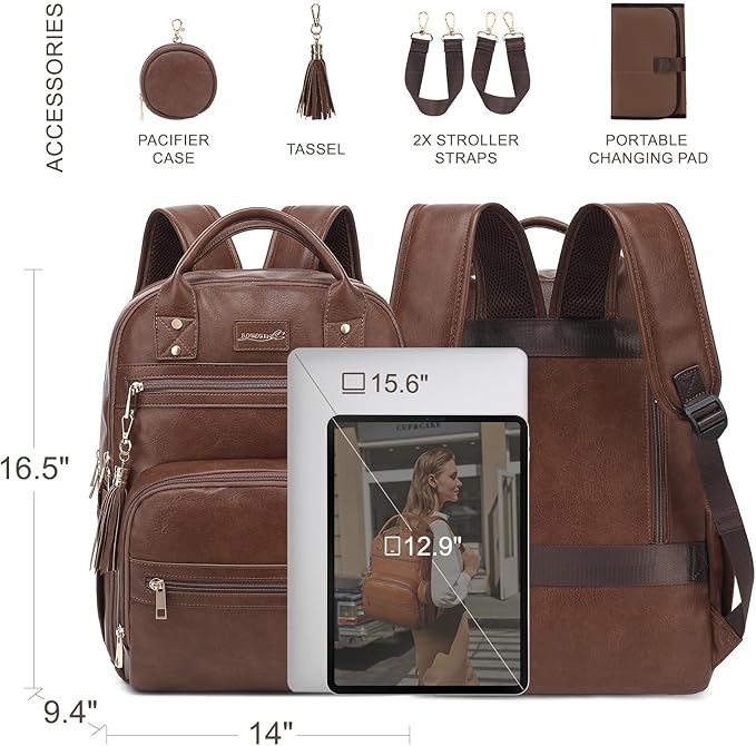 ROSEGIN Premium Vegan Leather Diaper Bag Backpack with Waterproof Changing Pad, Reinforced Zippers & Odor-Free,20 Pockets Pro Organizer, Fits 15.6" Laptop, Stroller Straps, Baby Bag for Mom,Dark Brown