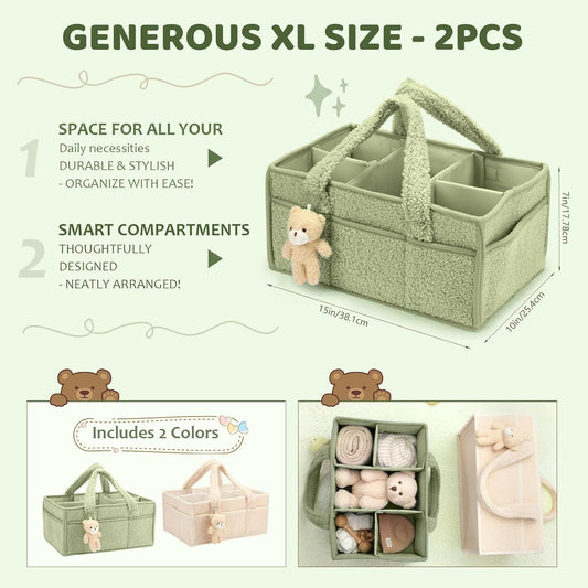 Shinylin 2 Pack Diaper Caddy Organizer Baby Caddy Organizer with Handle Nursery Storage Bin and Car Storage Basket for Diapers, Wipes, Newborn Necessities Baby Shower Gifts(Lily Green and Ivory)