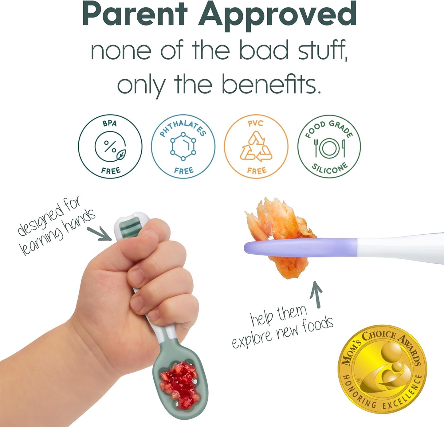 NumNum Baby Spoons Set, Baby Essentials Pre-Spoon GOOtensils for 6+ Months, First Stage Self-Feeding Spoons for Baby Led Weaning (BLW), Silicone Toddler Utensils, BPA-Free, 2 Pack Gray/Green