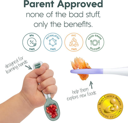 NumNum Baby Spoons Set, Baby Essentials Pre-Spoon GOOtensils for 6+ Months, First Stage Self-Feeding Spoons for Baby Led Weaning (BLW), Silicone Toddler Utensils, BPA-Free, 2 Pack Gray/Green