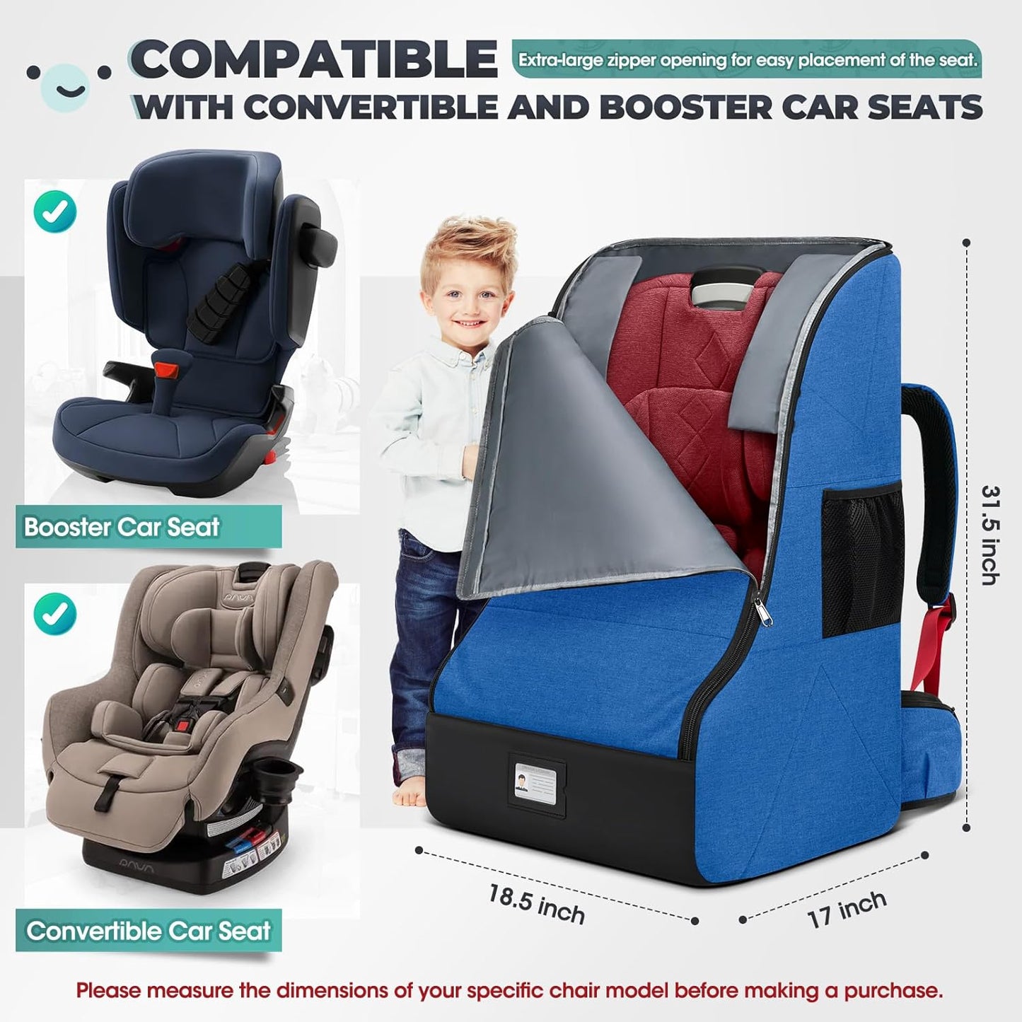 RAINSMORE Padded Car Seat Travel Bag for Airplane Heavy Duty Car Seat Backpack for Air Travel Baby Carseat Cover Bags for Airport Large Car Seats Carrier Fits Car Seats & Booster Seats, Black