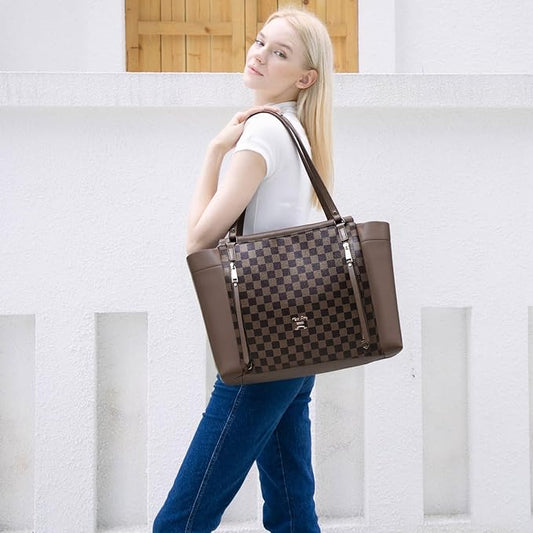 miss fong Checkered Diaper Bag Tote Leather Diaper Bag Backpack, Large Capacity Mommy Bag Hospital Bag, 12 Pockets Travel Diaper Tote with Changing Pad for Mom Plaid Tote Bag for Women-Coffee