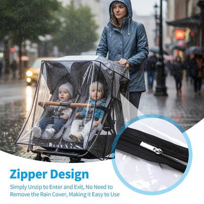 Rain Cover Compatible with Zoe Twin Double Stroller, Double Stroller Rain Cover Side by Side, Waterproof Windproof Shield, Breathable Clear Cover, Foldable Travel Stroller Accessories for Daily Walks