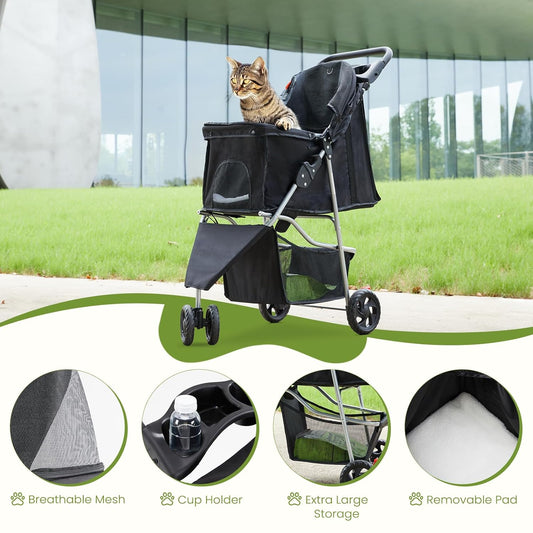 Sweetcrispy 3 Wheels Pet Stroller for Small Dogs and Cats – Foldable Dog Stroller with Mesh Windows, Storage Basket & Cup Holder, Lightweight & Durable Pet Carrier for Travel, Outdoor Use, Blue
