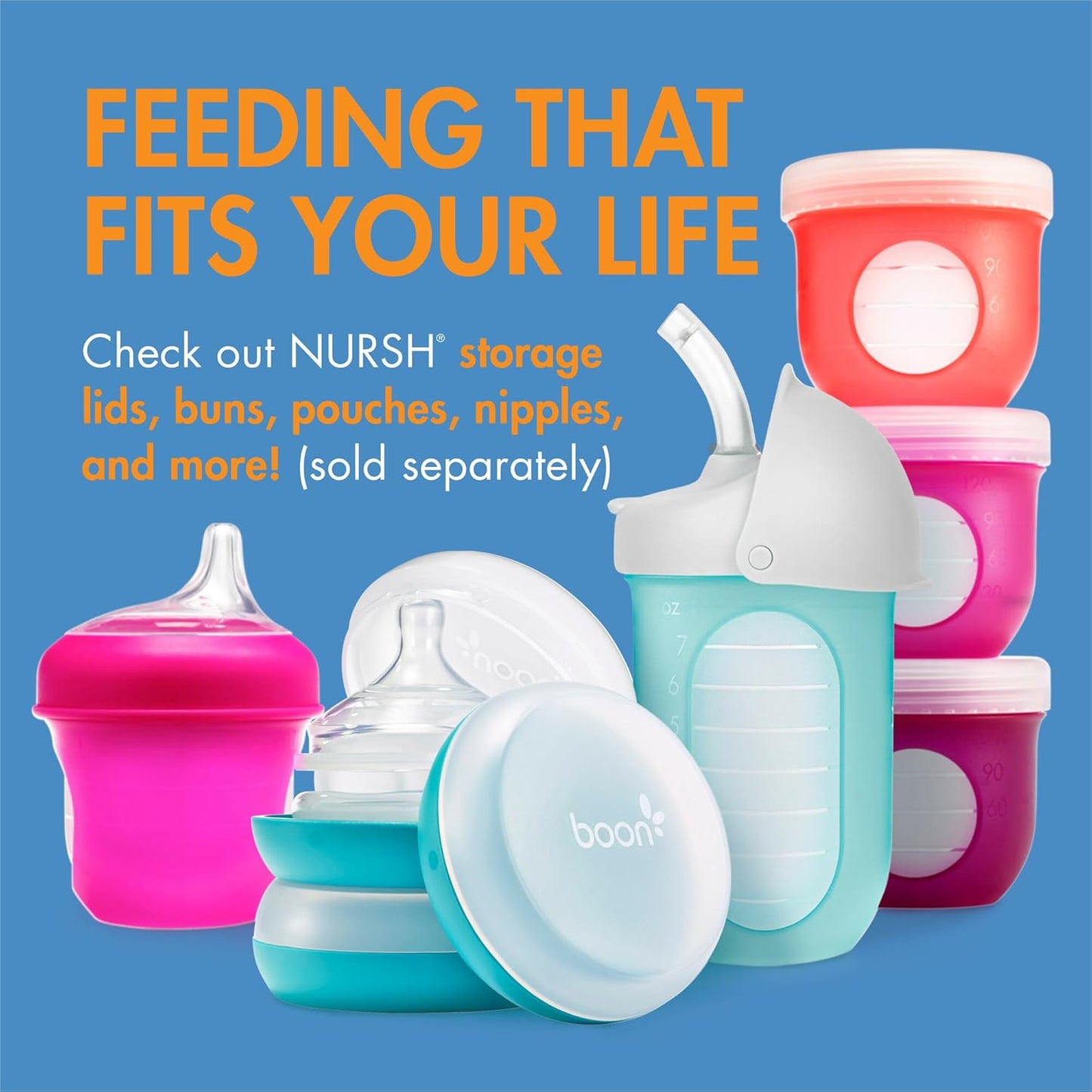 Boon Nursh Reusable Silicone Pouch Baby Bottles - Slow Flow Nipple - Silicone Baby Bottle Pouch and Nipple - Baby Feeding Essentials - Speckle - 0-3 Months - 3 Count - 4 Ounce