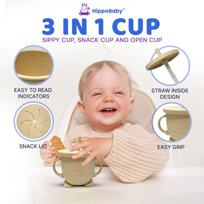 HippoBaby Baby Led Weaning Supplies | 10 Piece Silicone Baby Feeding Set | Baby Toddler Bib Cup Divided Plate and Bowl Self Feeding Spoons Dish Set | Baby Utensils | Toddler Feeding Supplies (Sky)