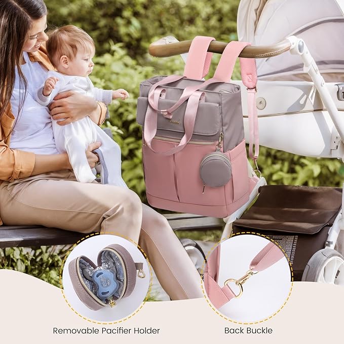 LOVEVOOK Diaper Bag Backpack,Diaper Tote Bag with Insulated Pockets,Baby Bag for Girl Boy with Changing Pad,Large Baby Diaper Bag with Pacifier Case,Anti-Theft Travel Backpack for Women,Pink-Gray