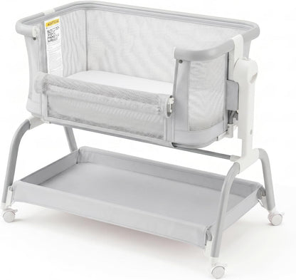 3 in 1 Baby Bassinet,Rocking Bassinets Bedside Sleeper with 6 Adjustable Heights,Breathable Full-Mesh,Comfortable Mattress & Lockable Wheels,Stable Rolling Portable Crib for Newborns(Gray) | Breathable Full Mesh, V-Shaped Structure