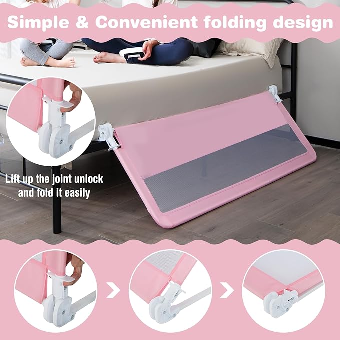 INFANS Bed Rail for Toddlers, 58" Foldable Safety Baby Crib Rail Fit for Kids Twin, Extra Long Swing Down Bed Guardrail for Convertible Crib, Queen, Full, King Mattress Side Guard (Pink)