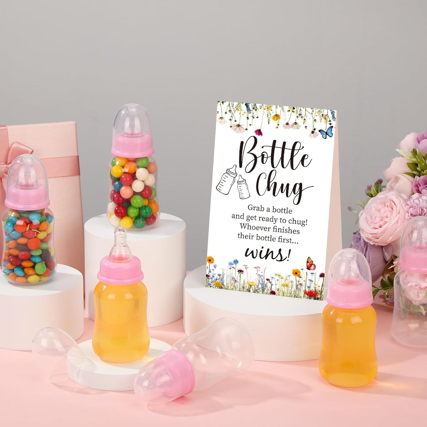 TrelaCo Bottle Chug Baby Shower Game 20 Pcs Baby Bottles Shower Favor with 1 Greenery Theme Sign for Gender Reveal Party Supplies Gifts(Green)