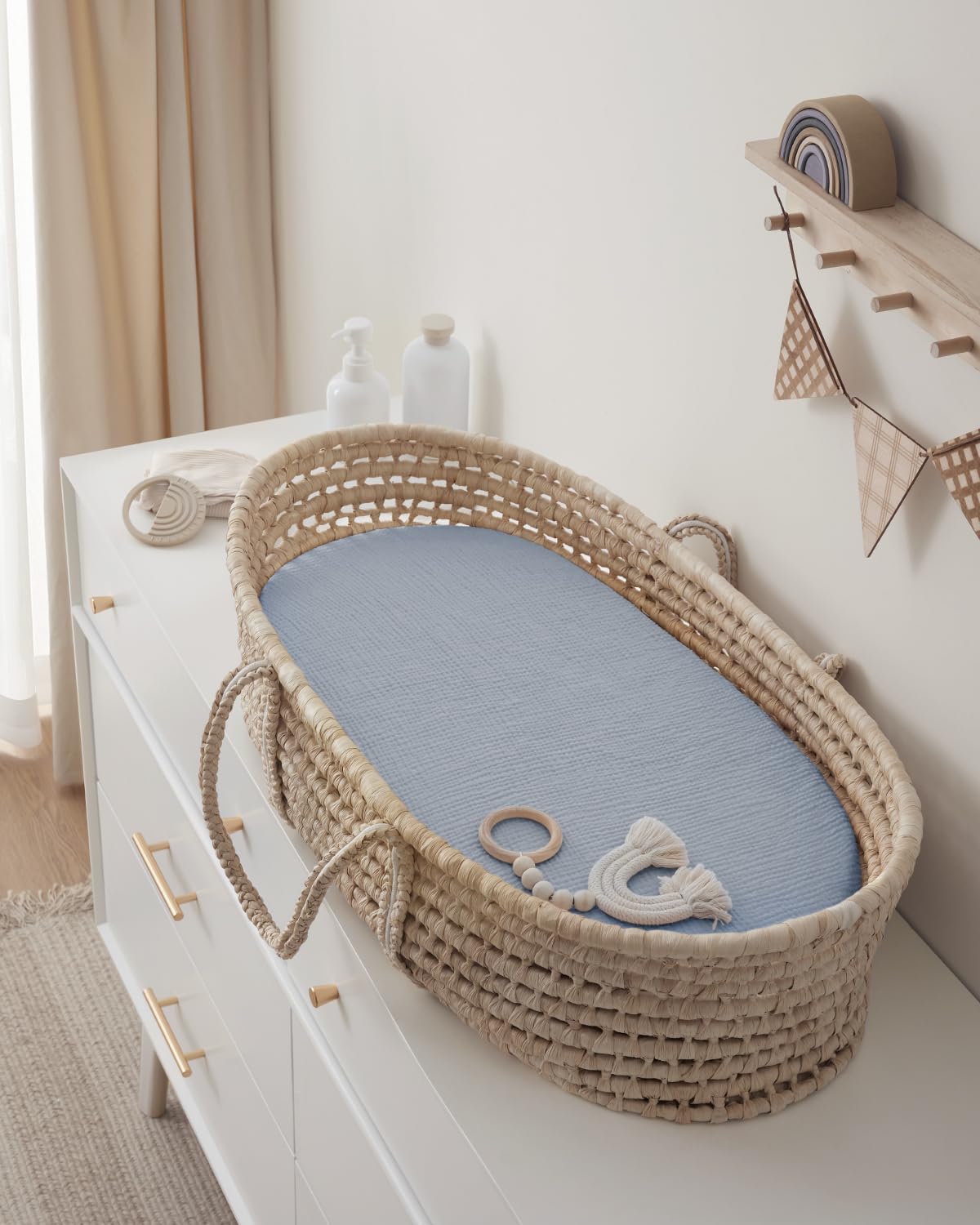 Blissful Diary Muslin Bassinet Sheets for Baby Girls Boys, Boho Soft Cotton Fitted for Oval Hourglass Rectangle Mattress, 2 Pack(Sunshine&Brown)