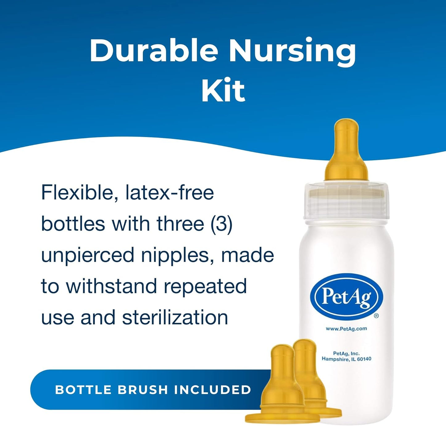 Pet-Ag Nursing Kit - 4 oz - Promotes The Natural Feeding of Liquids to Baby Animals - Each Kit Includes 4 oz. Bottle with Cap, 3 Nipples & Cleaning Brush