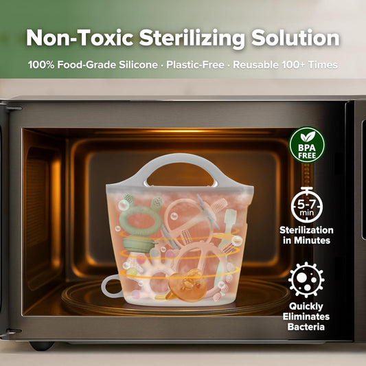 Haakaa On-The-Go Silicone Microwave Steam Sterilizer Bags for Travel, 40oz/1250ml Reusable Silicone Steaming Bags for Baby Bottles, Breast Pump, Accessories, Pacifiers, Teethers,Grey/1PC