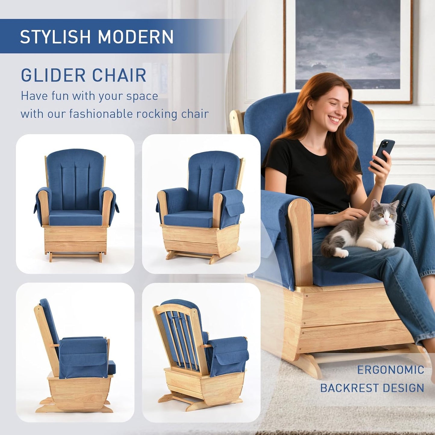 Glider Rocking Chair with Ottoman Set, Solid Wood Nursery Glider Rocker with Padded Cushion, High Back Upholstered Swivel Glider for Living Room, Nursing, Reading, 280LBS Weight Capacity,Oak+Khaki