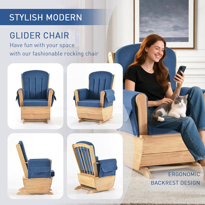 Glider Rocking Chair with Ottoman Set, Solid Wood Nursery Glider Rocker with Padded Cushion, High Back Upholstered Swivel Glider for Living Room, Nursing, Reading, 280LBS Weight Capacity,Oak+Khaki