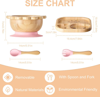 Suction Plates Bowls Set for Baby Toddler Non-Toxic Bamboo Feeding Set with Silicone Fork & Spoon (Green Feeding Set)
