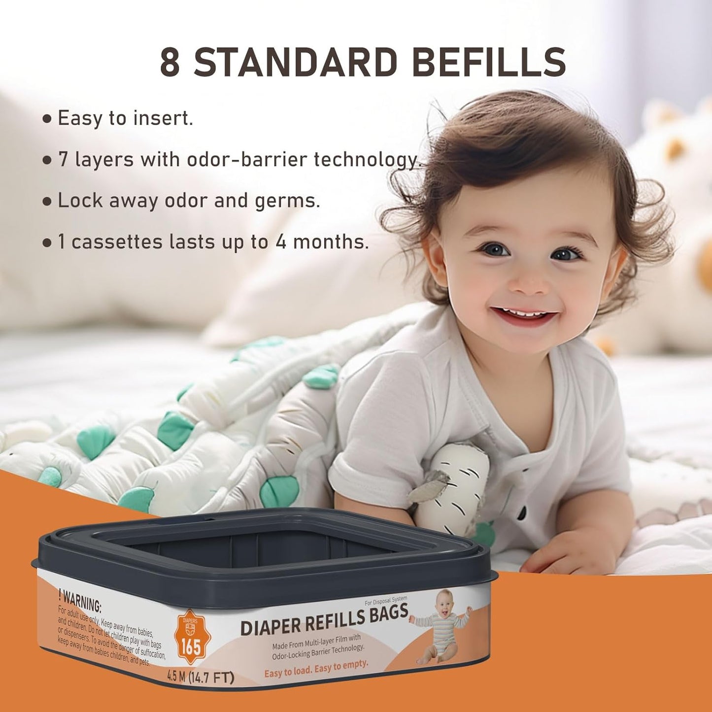 Square Starter Refills Disposal Bags Refill Compatible with Diaper Genie Compact, Classic and Select Pails, Hold Up to 165 Newborn-Sized Diapers Per Refill, 6 Pack