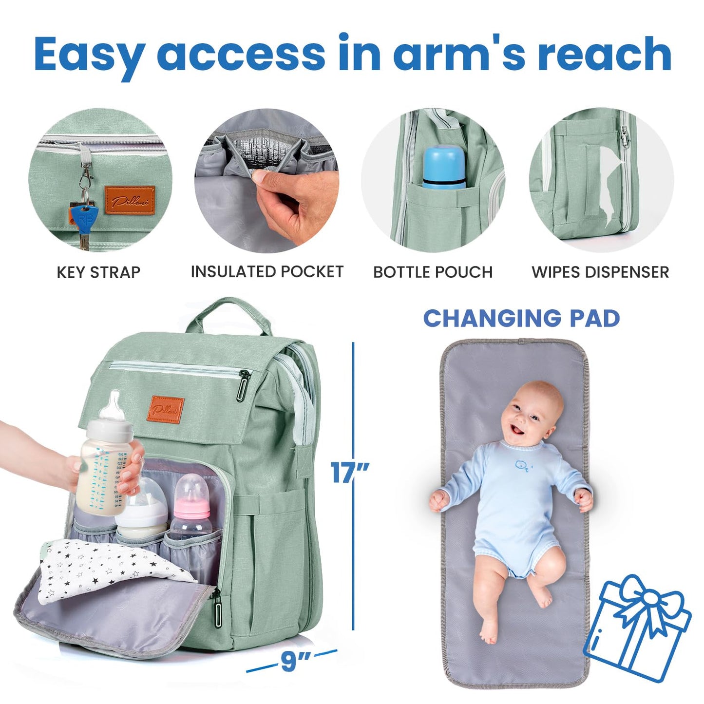 PILLANI Baby Diaper Bag Backpack - Large Waterproof Travel Diaper Bag for Boys & Girls, 16 Organizer Pockets with Changing Pad, Insulated Bottle Pockets & Stroller Straps, Baby Shower Gifts, Dinosaur