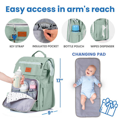 PILLANI Baby Diaper Bag Backpack - Large Waterproof Travel Diaper Bag for Boys & Girls, 16 Organizer Pockets with Changing Pad, Insulated Bottle Pockets & Stroller Straps, Baby Shower Gifts, Dinosaur