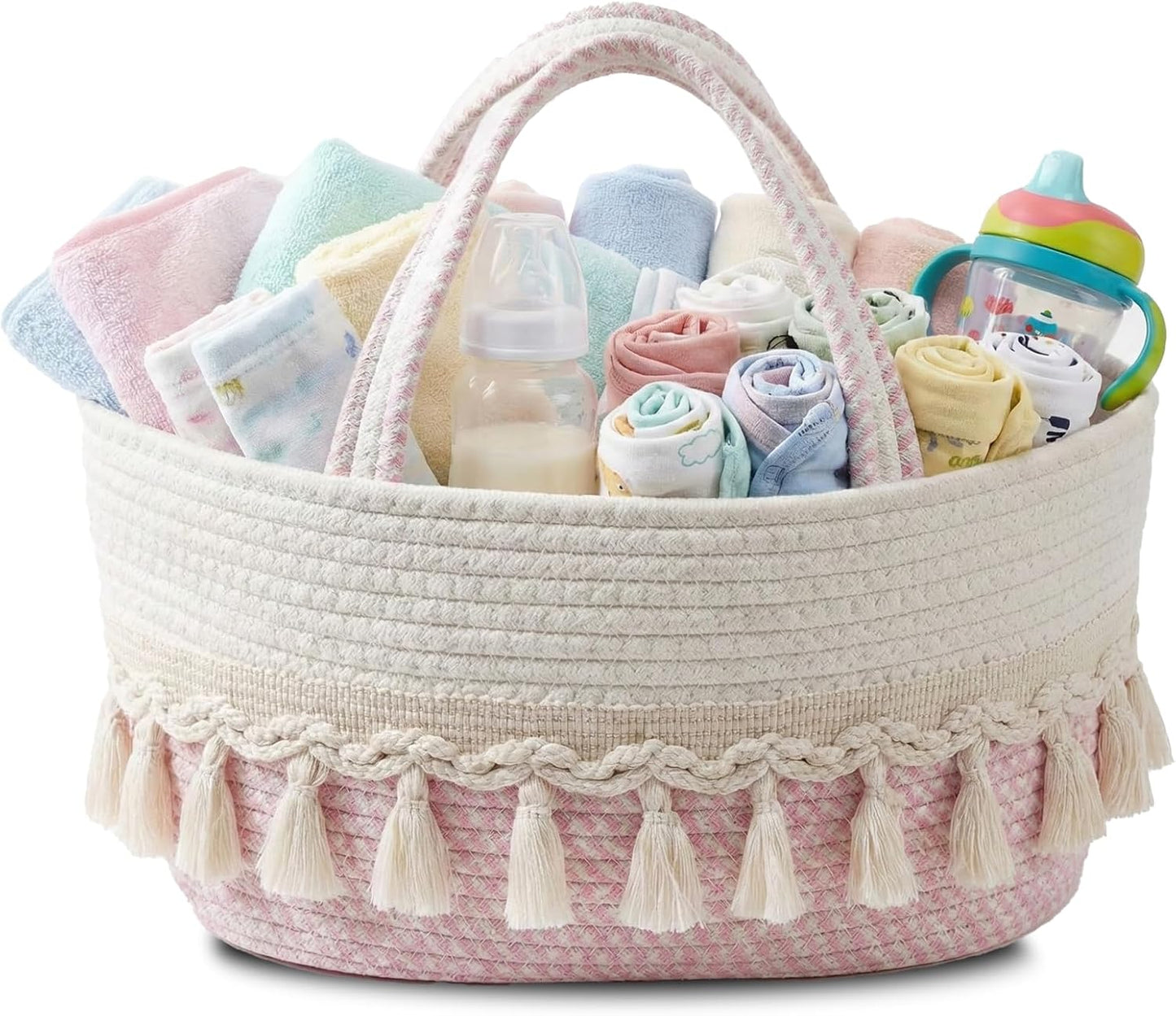 Diaper Caddy Organizer, Stylish Nursery Storage Basket, Baby Shower Basket with Tassel Decorative Appearance, Portable Storage Basket Suitable for Family and Car Travel (Grey)