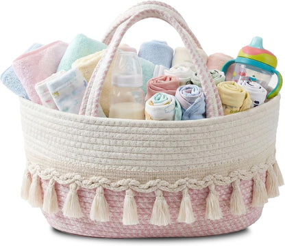 Diaper Caddy Organizer, Stylish Nursery Storage Basket, Baby Shower Basket with Tassel Decorative Appearance, Portable Storage Basket Suitable for Family and Car Travel (Grey)