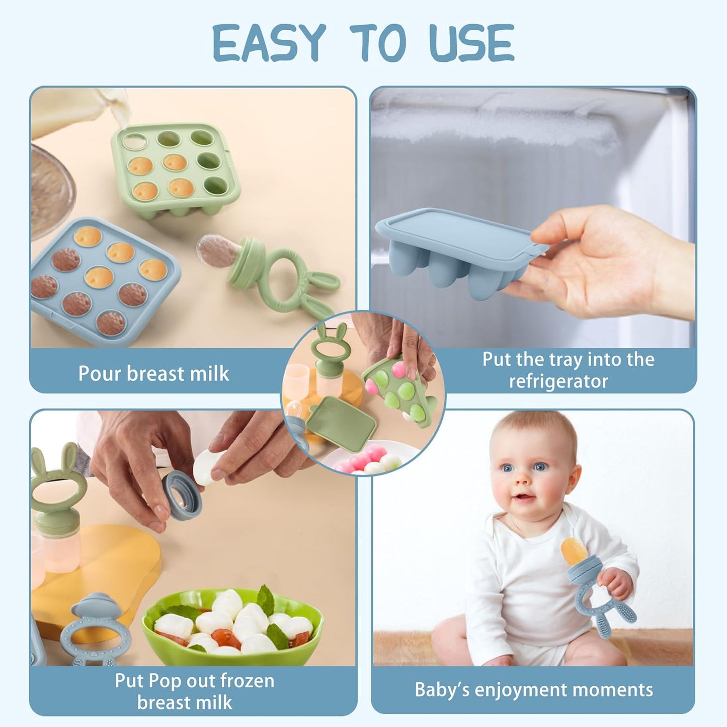 WAJIAYON Baby Breastmilk Popsicle Molds & Baby Fruit Feeder (4 Pack), Infant Food Freezer Tray Storage Containers, Silicone Teething Pacifier Feeder and Teether for Babies（Pink&Purple）