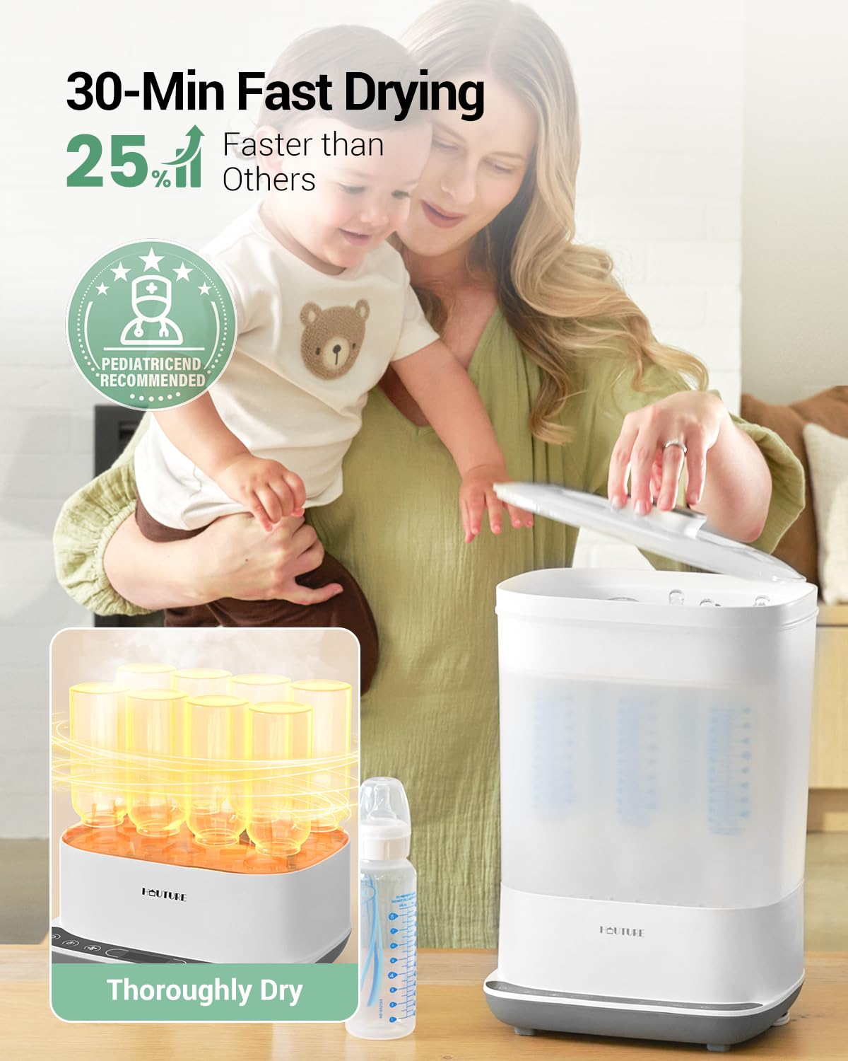 HAUTURE Bottle Sterilizer and Dryer, 6-in-1 Baby Bottle Sterilizer (Esterilizador de Biberones), 10 Bottles Capacity, Electric Steam Bottle Sanitizer for Baby Bottles, Breast Pump Parts & Pacifiers