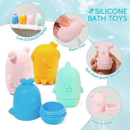 Baby Bath Toys for Kids Ages 1-3, 15PCS Mold Free Bath Toys Toddlers 2-4, Bathtub Pool Water Table Toys, Silicone Bath Toy and Floating Boats & Stacking Spoons for Babies 6-12 Months