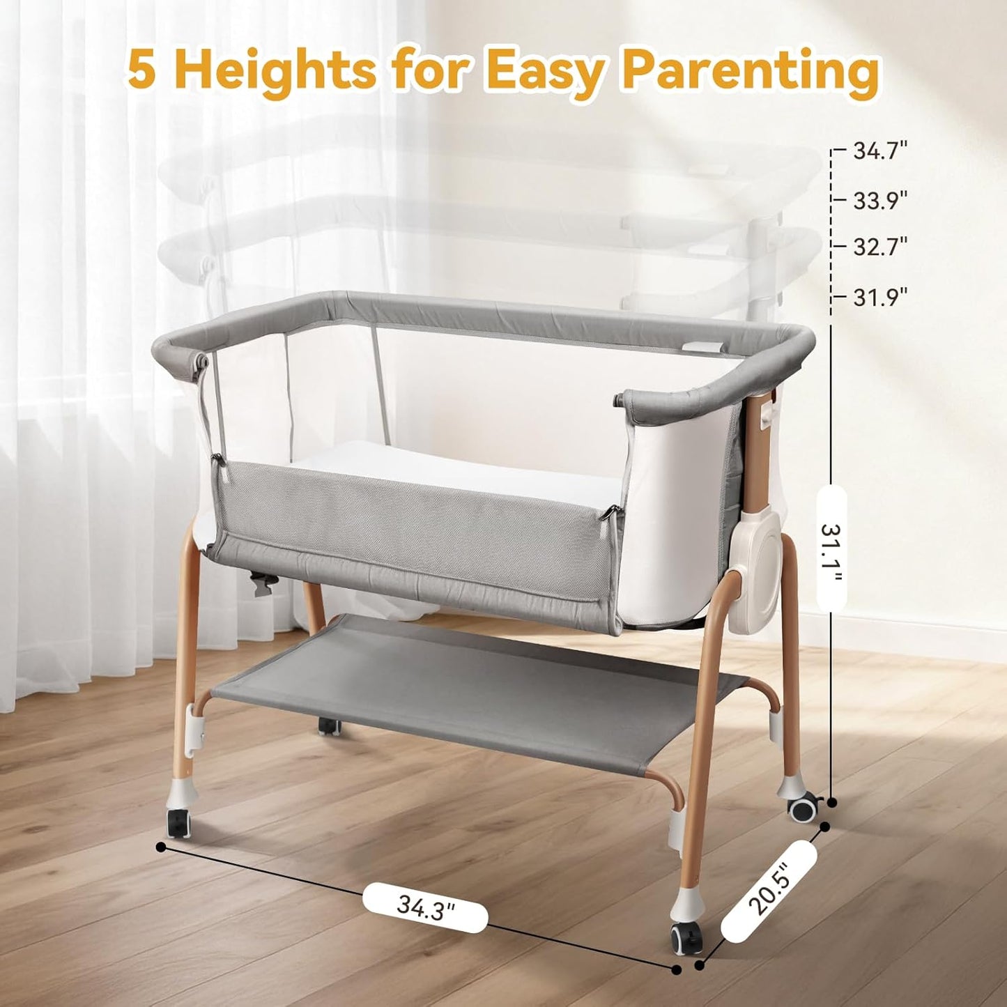 Bassinet Bedside Sleeper, Bedside Bassinet for Newborn, Baby Bassinet with 5 Adjustable Height, Rocking Bassinet with Wheels, Breathable Mesh & Mattress, Easy Folding Portable Bedside Crib（Dark Gray)