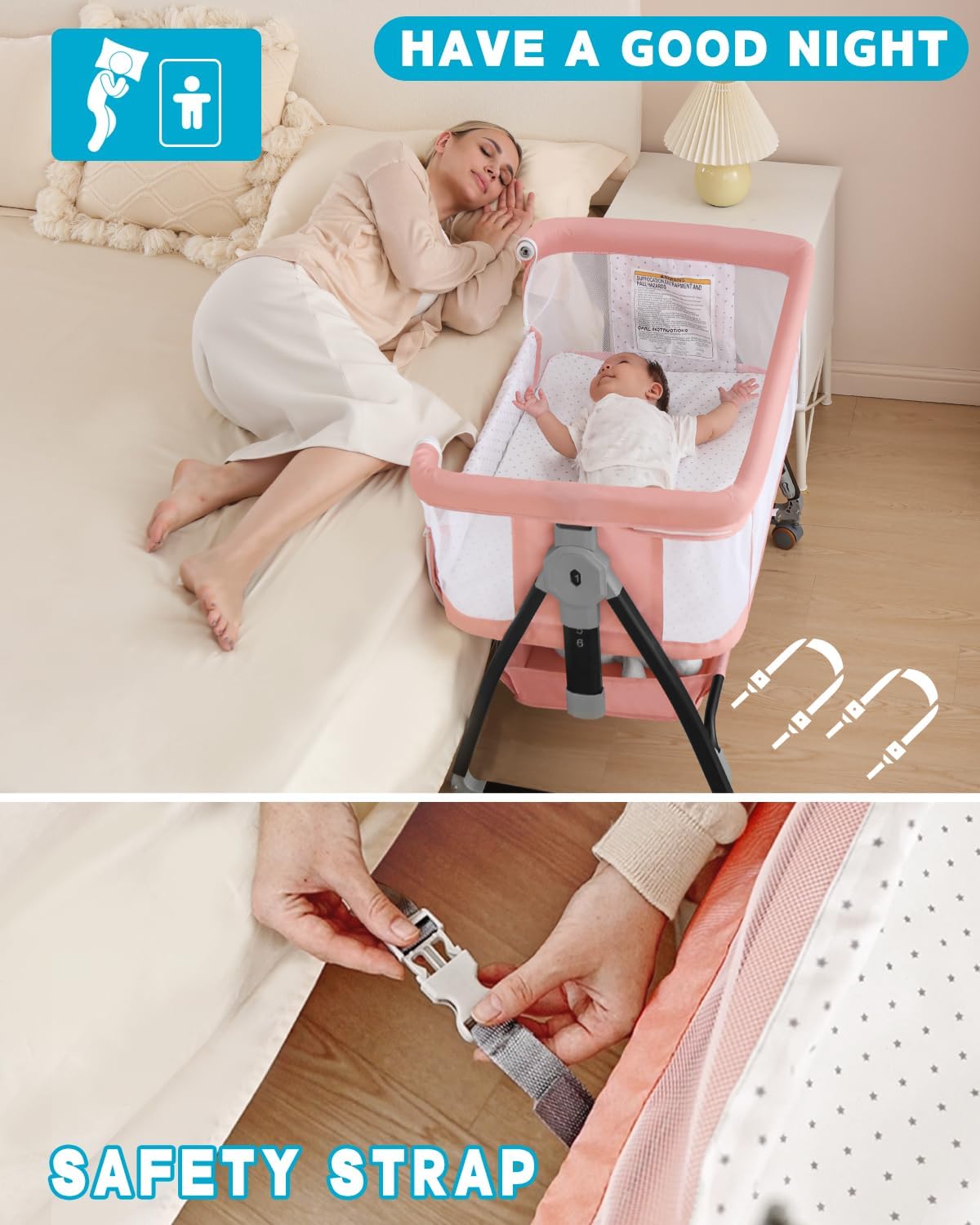 Bedside Bassinet for Baby, 3 in 1 Breathable Mesh Baby Bassinet, 6 Height Adjustable, Easy to Assemble, Bassinet Bedside Sleeper with Wheels, Mosquito Net, Storage Basket, Bassinets for Newborn Baby | Multi-functional