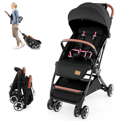 HONEY JOY Travel Stroller, One-Hand Quick Fold Lightweight Umbrella Stroller for Airplane, Wrist Wrap & Net, Multi-Position Recline, Overhead Friendly Compact Stroller for Newborn and Toddler(Gray)