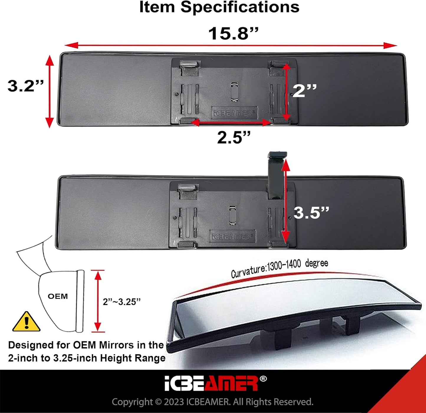 11.8" ICBEAMER Clip On Rear View Mirror | Convex Blue Tint Glass, Panoramic Wide Angle HD Glass, Anti Glare, Universal Fit for Car, SUV, Truck | Eliminates Blind Spots (1 Pack)