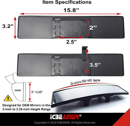 11.8" ICBEAMER Clip On Rear View Mirror | Convex Blue Tint Glass, Panoramic Wide Angle HD Glass, Anti Glare, Universal Fit for Car, SUV, Truck | Eliminates Blind Spots (1 Pack)