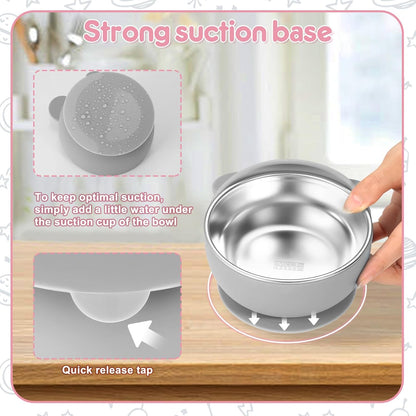 2 Pack Stainless Steel Baby Bowls with Suction, Toddler Bowls with Removable Silicone Shell for Kids, Non-Slip Toddler Baby Feeding Set Dishwasher Safe-Gray & Blue