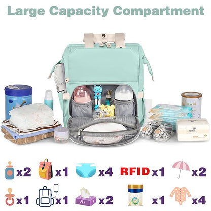 Jiefeike Diaper Bag Backpack,Green diaper bags for baby girl boy, girl diaper bag backpack, Insulated Pockets Portable toddler diaper bag RFID Anti-Theft Pocket