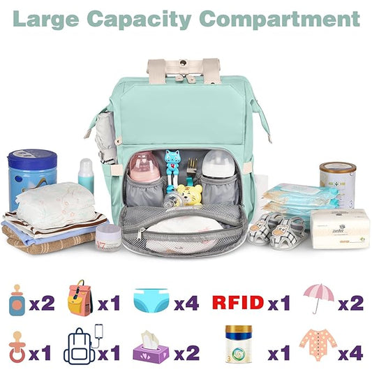 Jiefeike Diaper Bag Backpack,Green diaper bags for baby girl boy, girl diaper bag backpack, Insulated Pockets Portable toddler diaper bag RFID Anti-Theft Pocket
