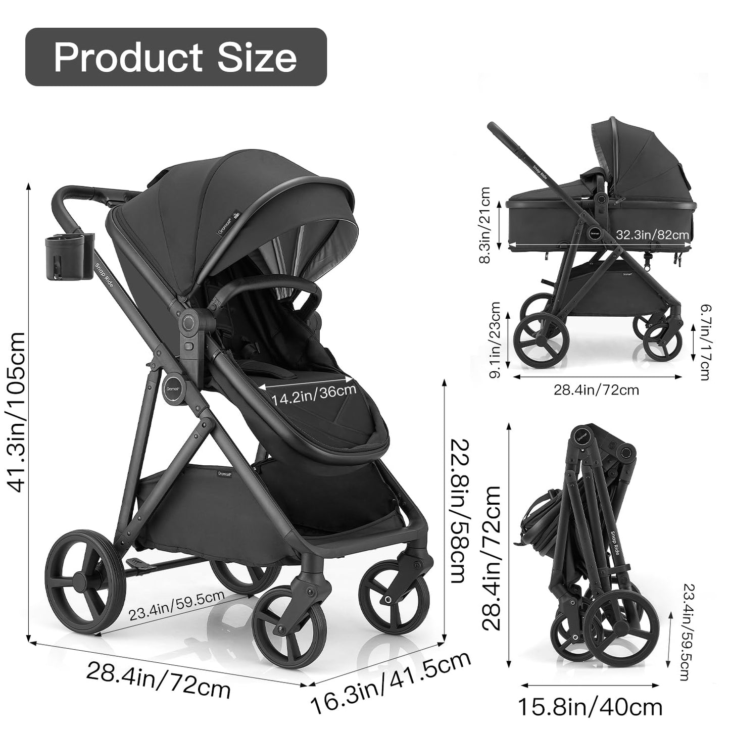 Gromast 3-in-1 Baby Stroller, Convertible Stroller for Newborn Infant Toddler with Reversible Seat, UPF 50+ Canopy & Cup Holder - Black