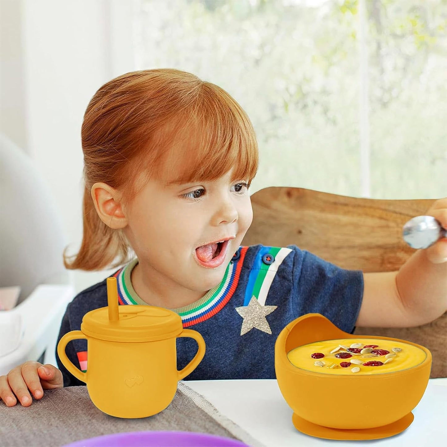 100% Silicone Baby Feeding Set, BPA Free Baby Dishes with Suction Bowl, Divided Plate, Toddler Self Feeding Dish Set with Spoons, Forks, Sippy Cup and Bib, Baby Eating Utensils (Navy Blue)