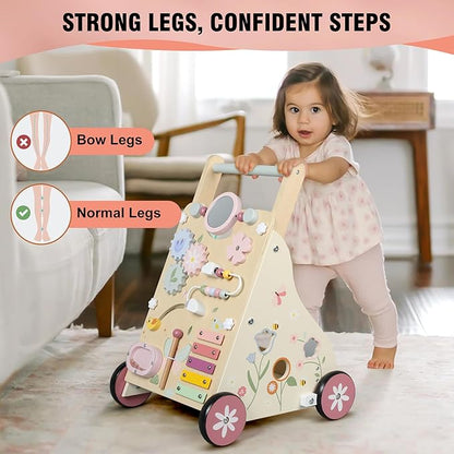 Pithfor Wooden Baby Walker, Baby Push Walker, Push Walker Toys for Babies Learning to Walk & Sit-to-Stand, with Montessori Sensory Toy & Activity Center for Girls Boys
