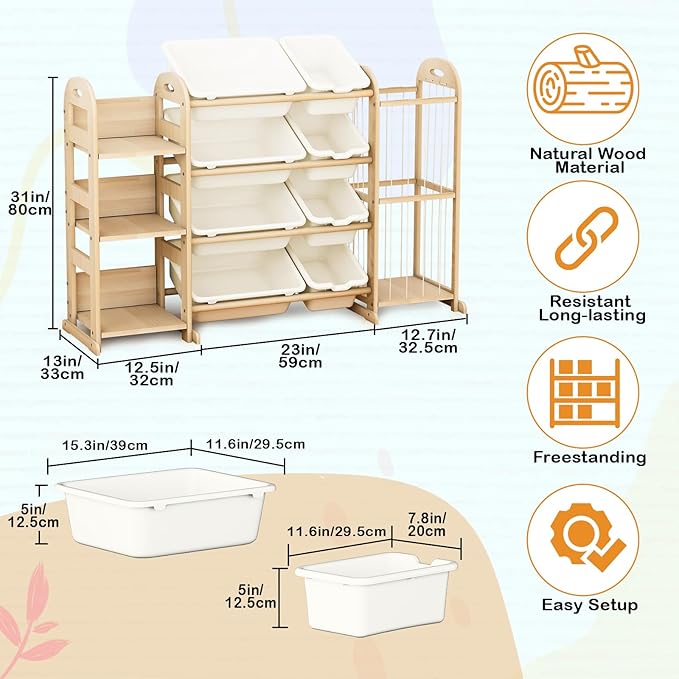 Wooden Toy Storage Organizer, Toy Organizers & Storage with Stuffed Animal Storage, Toy Storage Shelf with 3 Shelves, 8 Storage Bins, Kids Bookshelf, Toy Holder for Toddler Rooms, Playrooms, Bedrooms