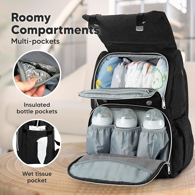 KeaBabies Baby Diaper Bag Backpack with Changing Pad - Waterproof Baby Bag for Mom and Dad, Insulated Bottle Pockets, Durable Toddler, Twin, Boy Girl Diaper Backpack for Travel, Large (Trendy Black)