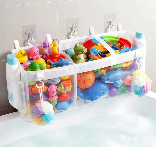 Extra Large Openings Bath Toy Organizer with 2 Compartments and Multiple Pockets, Quick-Dry Mesh Bathtub Toy Storage and Holder for Easy Access and Sorting of Toys