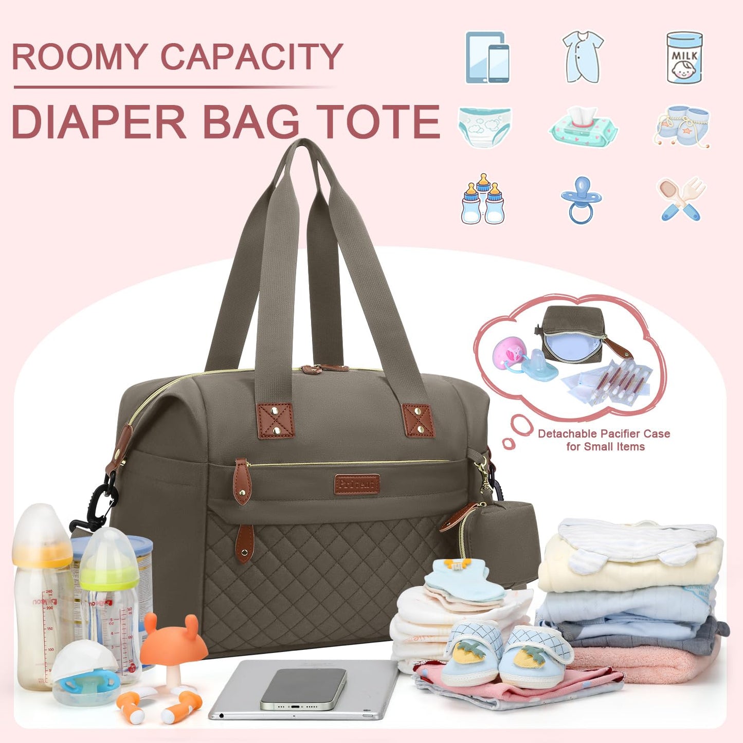Pritent Diaper Bag Tote - Diaper Baby Bags with Pacifier Case, Shoulder Straps, Stroller Clips, Waterproof Large Mommy Maternity Travel Baby Bag for Mom and Dad, Green, Medium