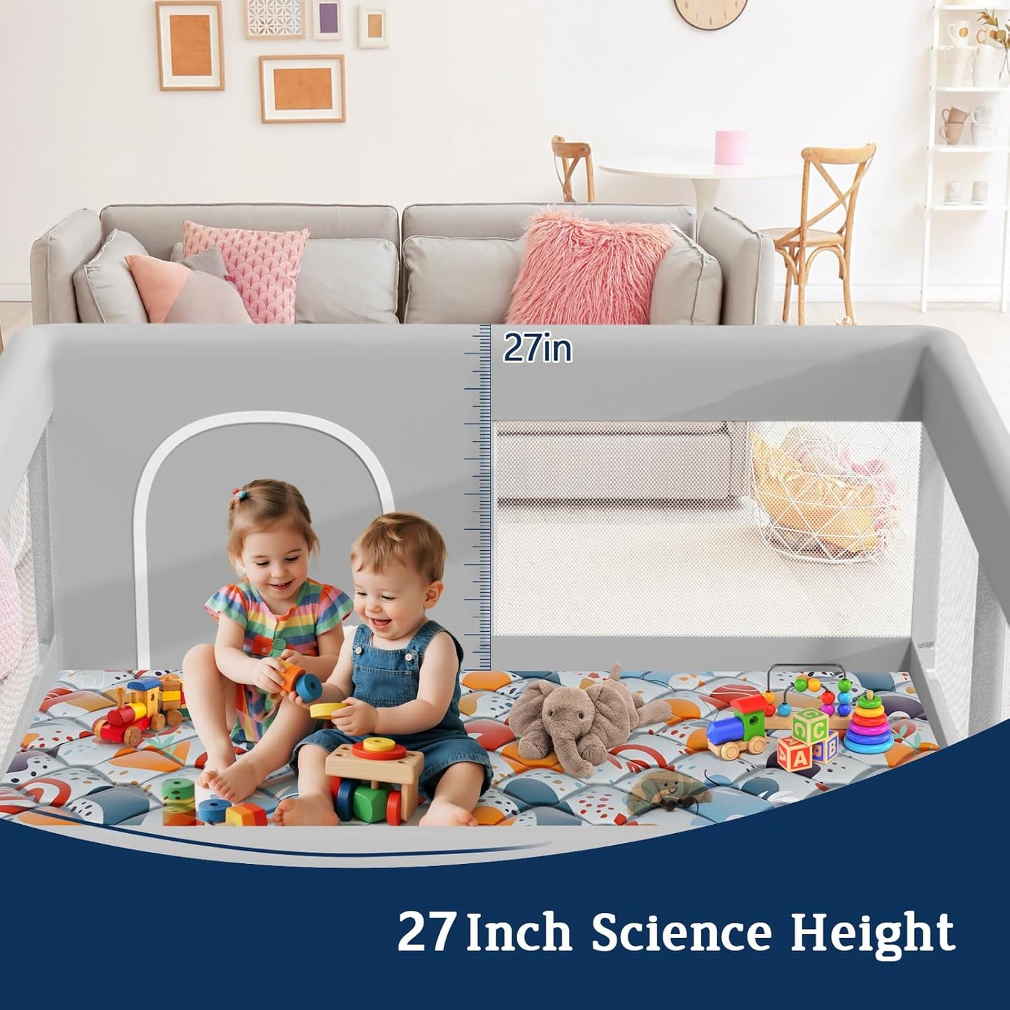 Baby Playpen with Mat, 50x50 Inch Playpen with Mat Waterproof for Babies and Toddlers Play Pen Playards Safety Gate Fence Active Center Indoor