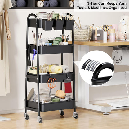 3 Tier Heavy Duty White Metal Rolling Cart with Lockable Wheels, Three Tier Roller Book Snack Cart, Utility Storage Organizer Carts for Kitchen, Bathroom, Garage, Baby Diaper, Craft, Art, Teacher