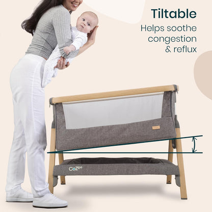 Tutti Bambini CoZee® 2-in-1 Baby Bassinet & Bedside Sleeper - Fast-Folding Bedside Bassinet, Baby Crib with 6 Mattress Heights & Breathable Mesh Window, Mattress Included, 0-6 Months (Oak & Charcoal)