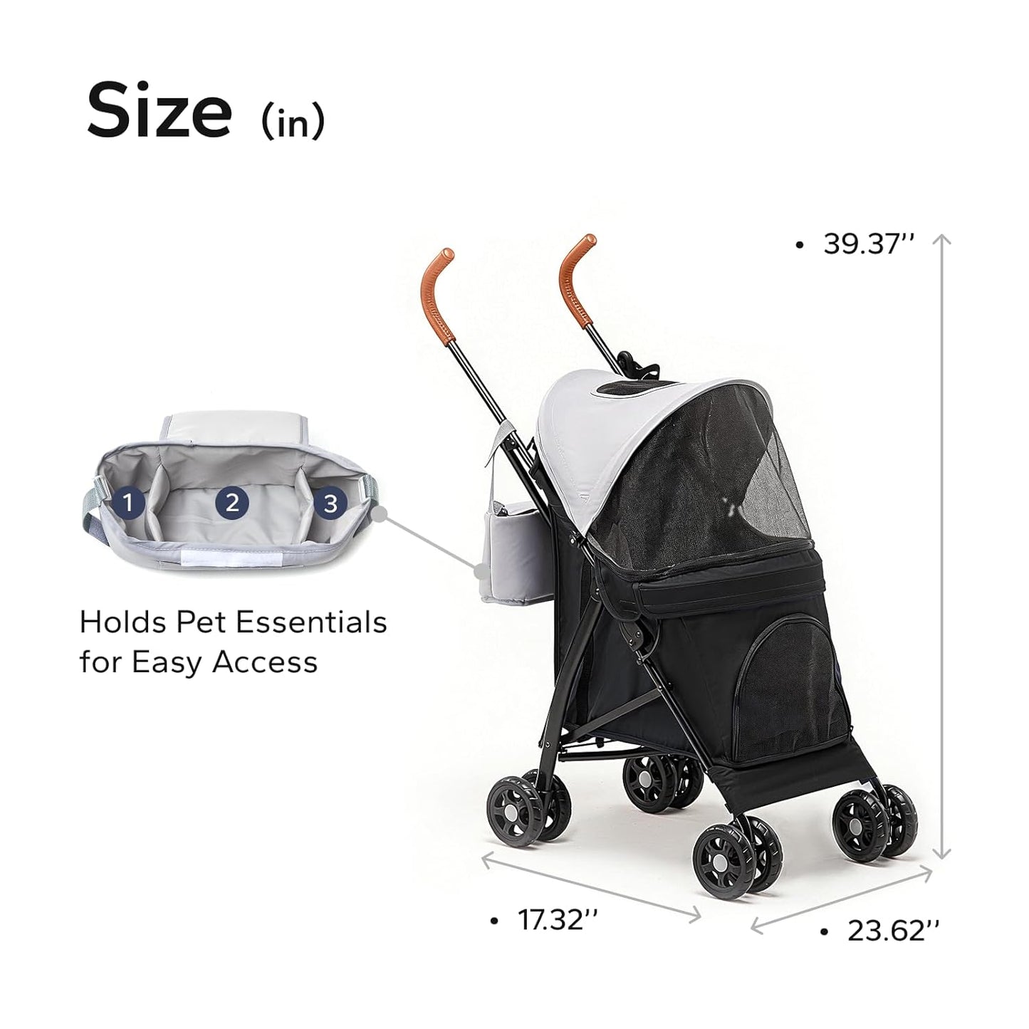10lbs Ultra-Lightweight Pet Stroller - Compact Folding Umbrella Stroller with Durable Shoulder Strap, 3-Compartment Organizer & Cup Holder - Portable Dog Cat Travel Carriage, Dark Gray