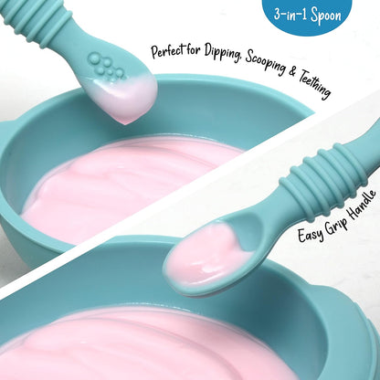 PrimaStella Unbreakable Silicone Non-Slip Bowl and Chew Spoon Set for Babies and Toddlers (Rainbow Swirl)