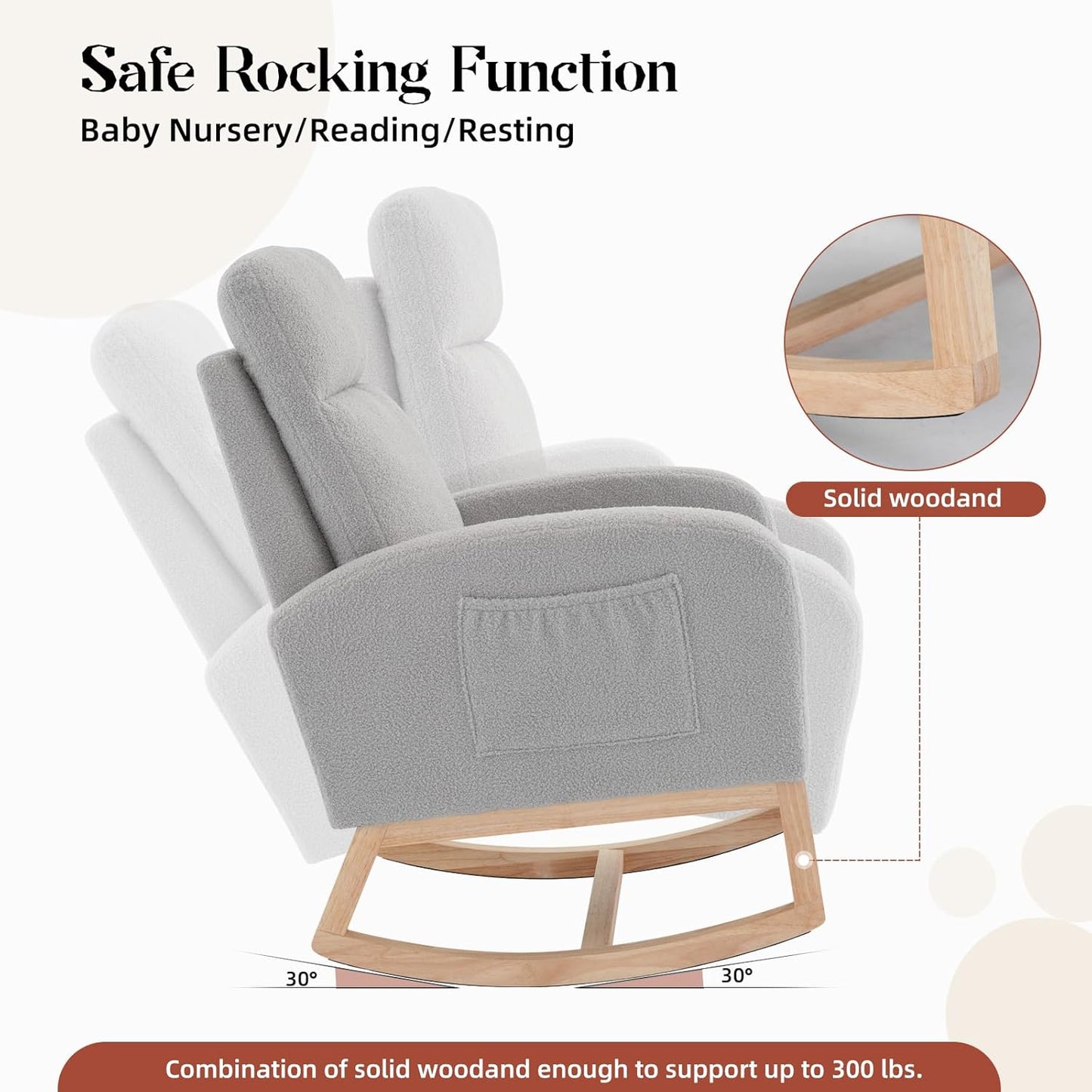 GAOMON Rocking Chair Glider for Nursery, Comfy Rocker Nursery with Side Pocket & High Backrest, Baby Rocking Chair for Breastfeeding, Upholstered Rocker & Living Room, Beige