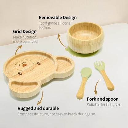 Bamboo Suction Plates Bowls Setfor Baby Toddler Divided Platter Food bowl with Silicone Fork & Spoon All-Natural Baby Feeding Set, Kids Feeding Essentials